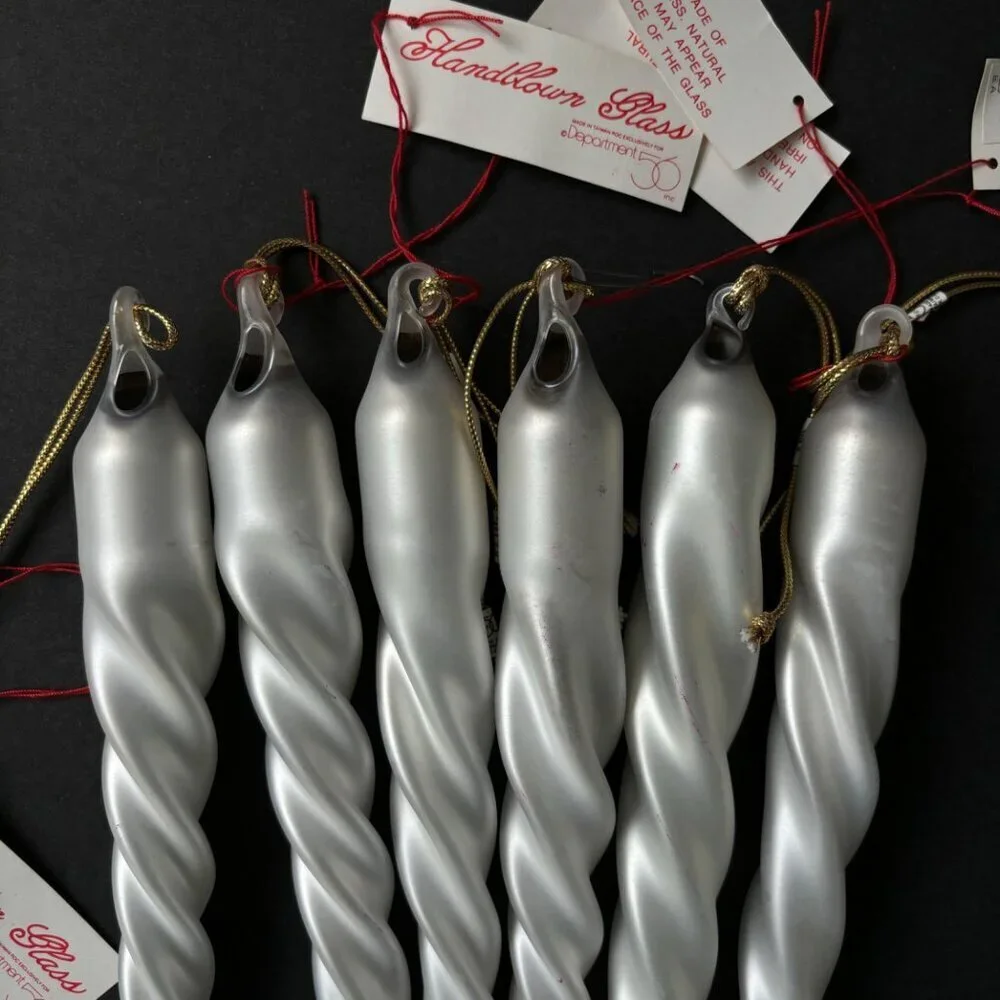 Vtg Department 56 Handblown Glass Icicle Ornaments Set‎ Of 6 White Christmas new